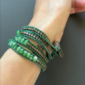 Green Beaded / copper Wrap Bracelet